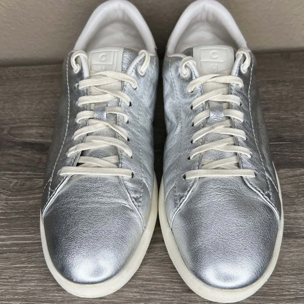 Cole Haan Grand Series Leather Sneakers Womens 9.5 B Silver Metallic Shoes